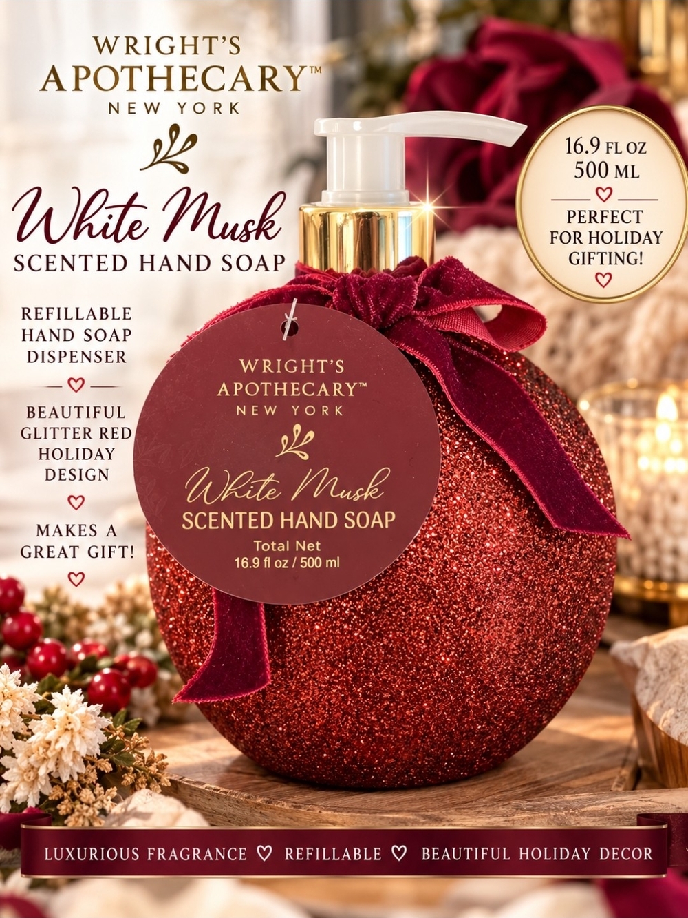 White Musk Hand Soap — Glitter Red Ornament  Dispenser